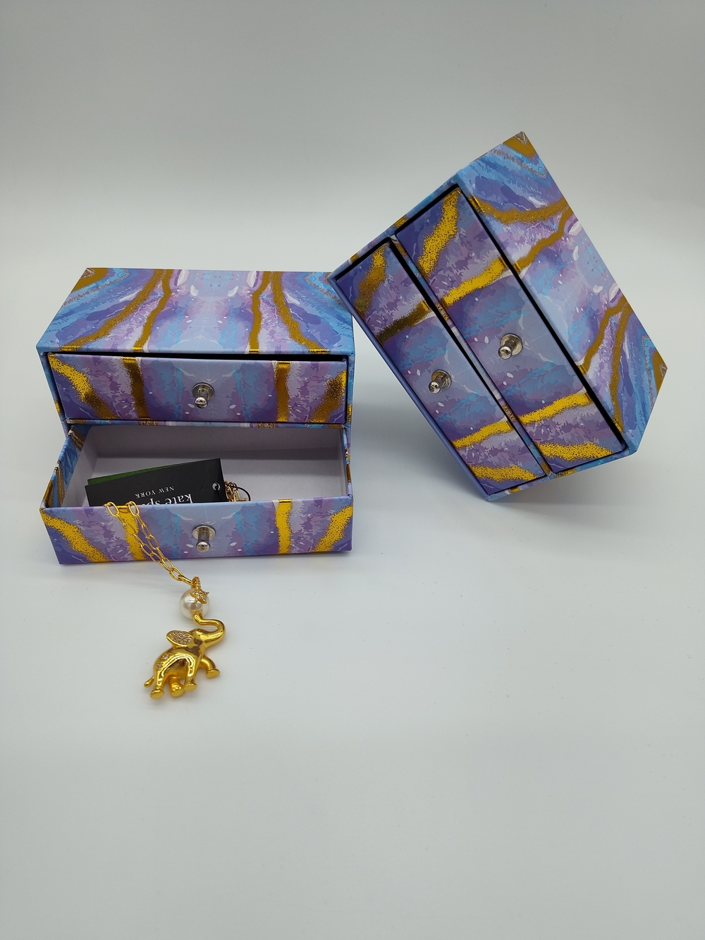Pair Purple Geode Marble Mini Jewelry Boxes 2 Drawer Trinket Chest Gold Foil NWT